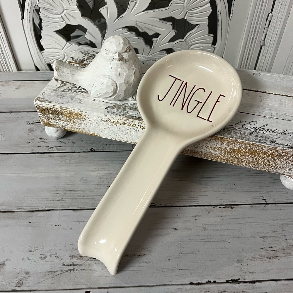 Rae Dunn Kitchen Ceramic Spoon Rest “Jingle”, White, Christmas Holiday Decor